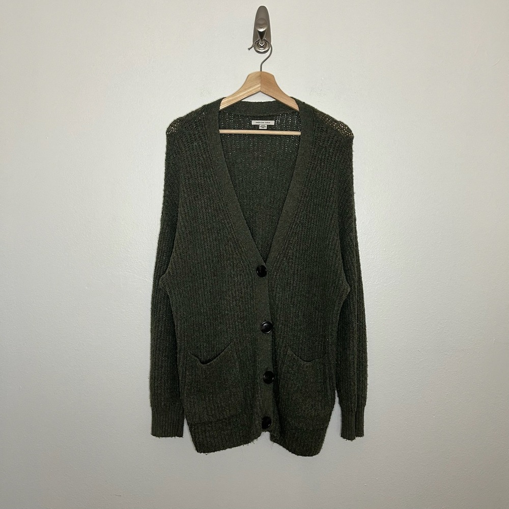 American Eagle Chunky Knit Cardigan Sweater Olive Green Sz S